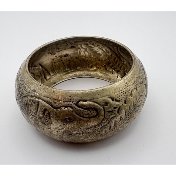 Vintage Brass Elephant Wide Bangle Bracelet Boho Ethnic Floral Style Artisan - Picture 6 of 8